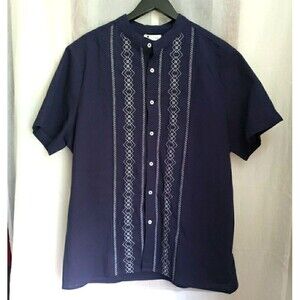 NWT Beotyshow Mens Cuban Guayabera Shirt Cotton Short Sleeve Navy Shirt XL